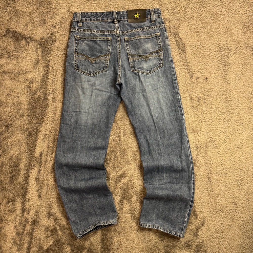 Wanjiabaoma Men Blue Straight Leg Denim Jeans Size 31 Medium Wash Y2K Streetwear